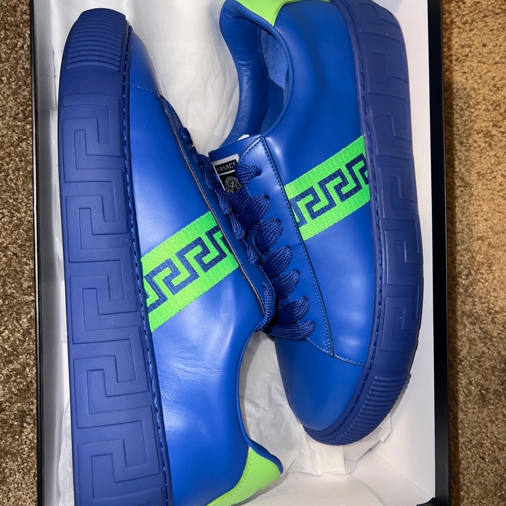 Versace Vitello+Nastro Greca Leather Sneaker in Sapphire+Neon Green Size 44